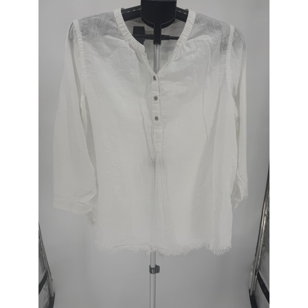 Caslon Henley Top Womens Medium White Good Frayed Hem Gauzey Long Sleeve
